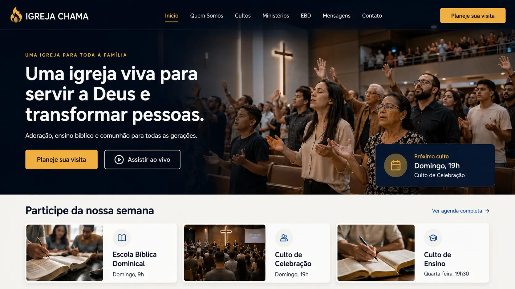 Prévia da homepage do template Chama para igrejas pentecostais