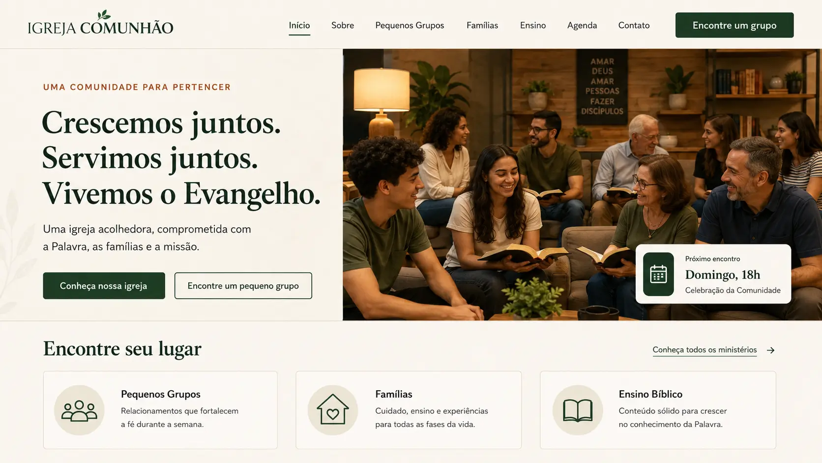 Prévia da homepage do template Comunhão para igrejas batistas