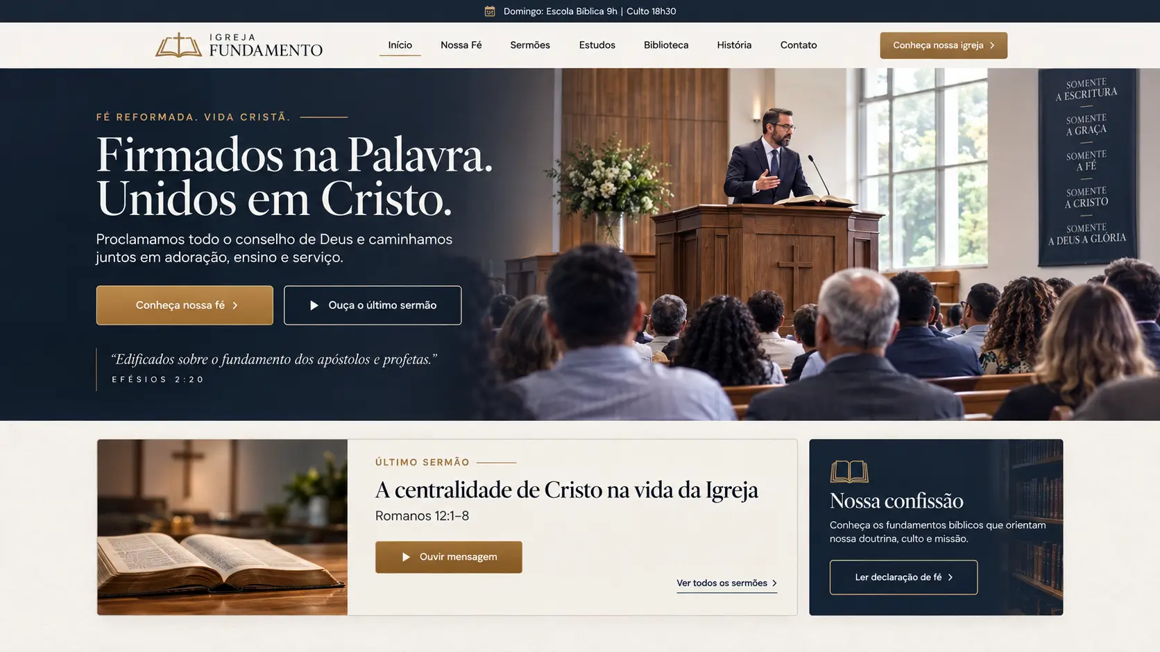 Prévia da homepage do template Fundamento para igrejas presbiterianas e reformadas