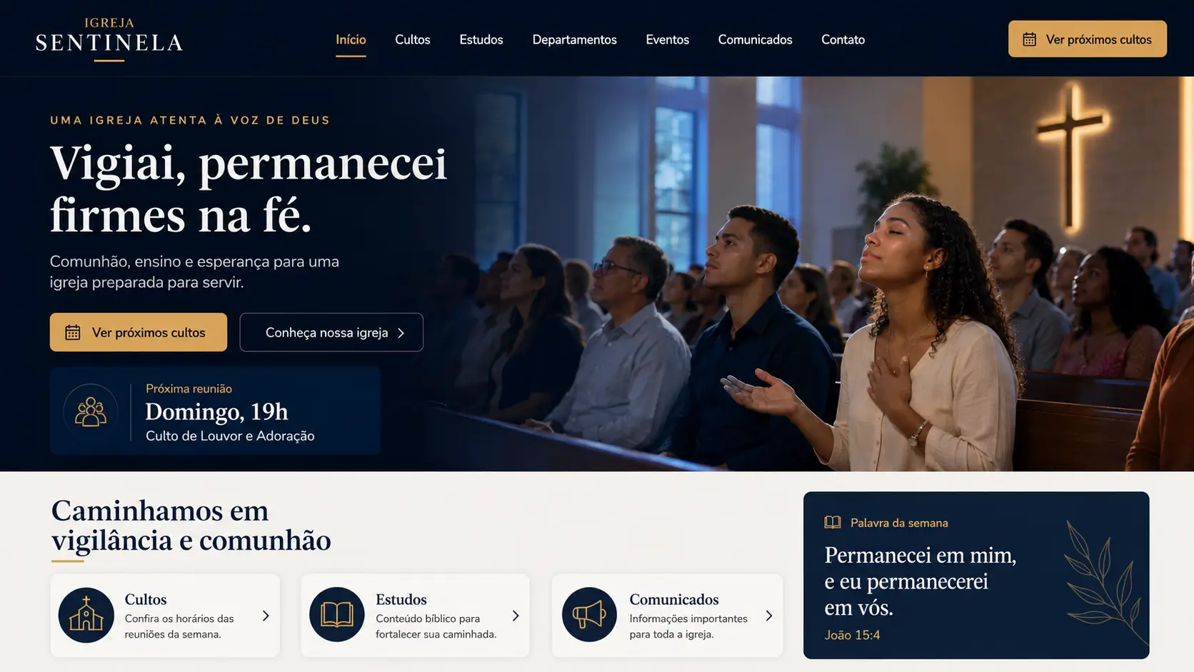 Prévia da homepage do template Sentinela para igrejas Maranata