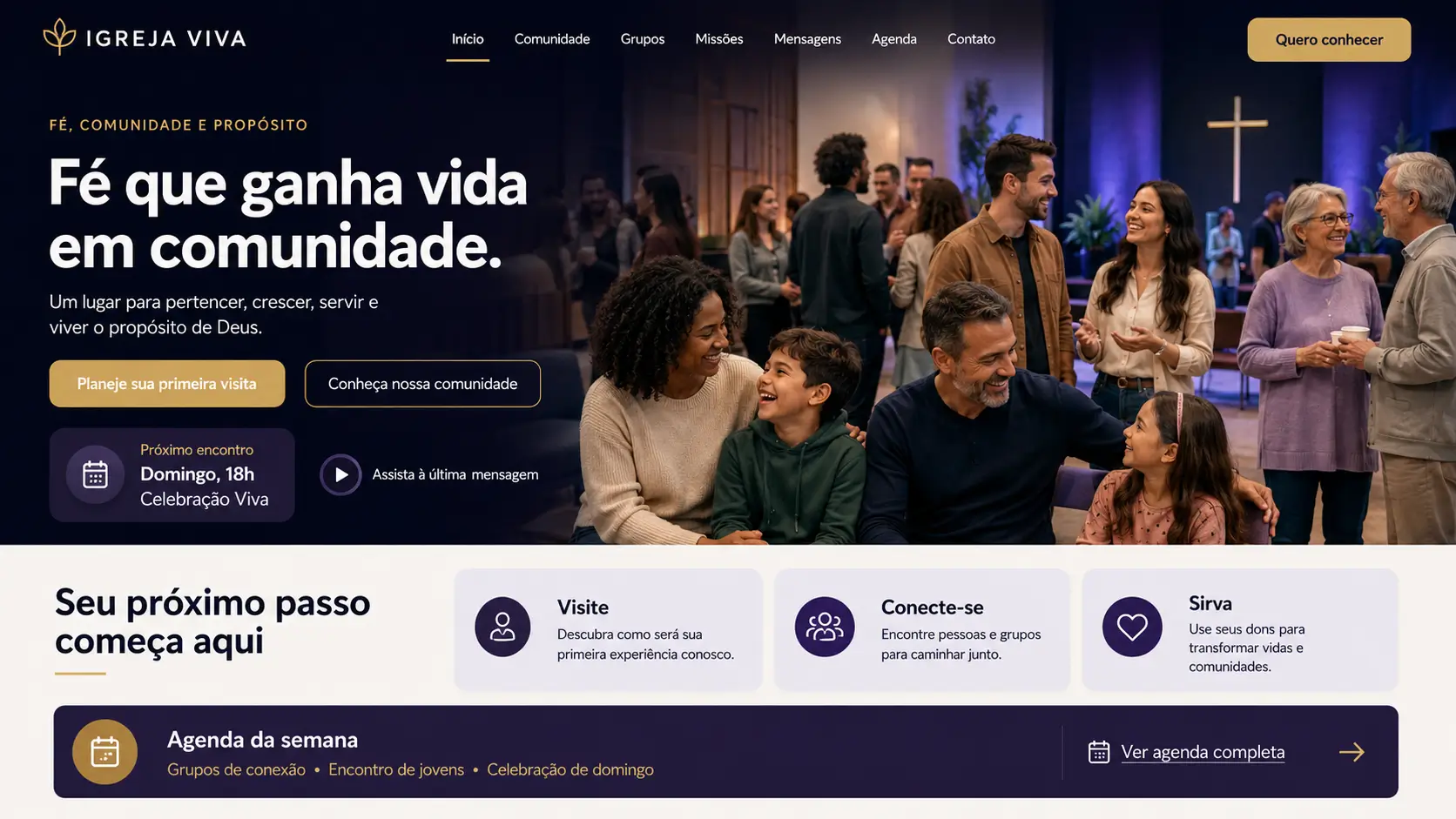 Prévia da homepage do template Viva para igrejas contemporâneas e independentes